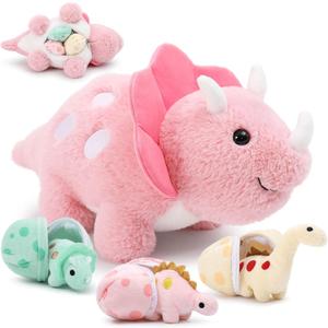 17.6in Pink Dinosaur Toys for Girls, Mommy Dinosaur Stuffed Animal with 3 Baby Dino Plush(Triceratops, Stegosaurus and Diplodocus),Small Dino Plushies for Girls and Boys,Gifts for Kids