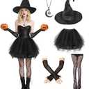 Halloween Witch Costume Women Set Black Tutu Skirt with Witch Hat Necklace Golves Stocks for Adult Halloween Cosplay Party, STD, S
