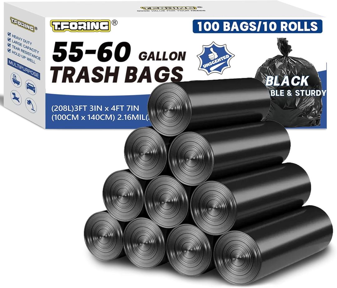 55-60 Gallon TrashBags Heavy Duty 2.1 Mil - 39''x55'' 100 Count Extra Thick Black Garbage Bags Unscented Strong Huge Can Liners for Construction Industrial Yard Outdoor Commercial