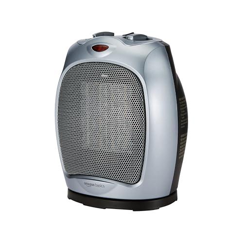 Oscillating Ceramic Portable Indoor Space Heater, Fast Heating Technology, Overheat and Tip-Over Protection, Adjustable Thermostat, 1500W, 7.52"D x 6.34"W x 9.45"H, Silver