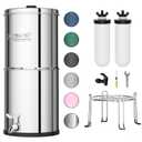 Purewell 3-Stage Gravity Fed Water Filter System, 2.25 Gallon Stainless Steel Countertop System with 2 Washable Ceramic Filters and Stand, Reduce up to 99% Chlorine, PW-OBT
