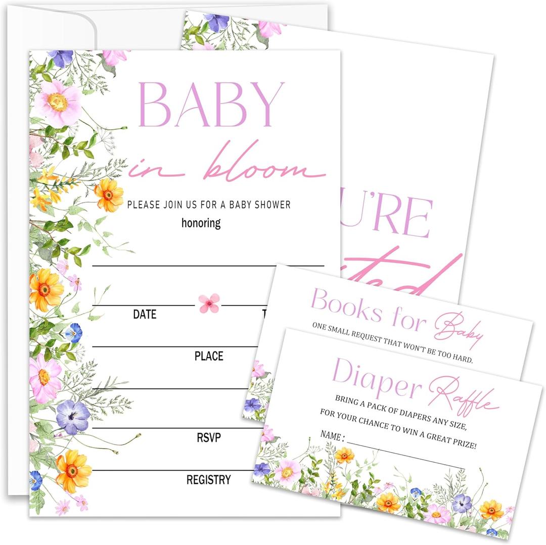 Floral Baby Shower Invitations, Baby Shower Invites, Butterfly Gender Reveal Party Invitations, Diaper Raffle Tickets & Book Request Card, 25 Set With Envelopes- BSinvite 08