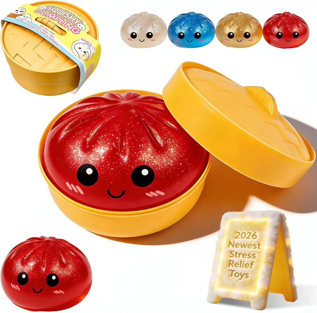 Dumpling Squishy Mystery Box Glitter Gluten Free Wrappers with Steamer Stress Relief Toy Crazy Fun Mini Bao Bun Surprise Squishies Generic Cute Sparkly Anxiety Fidget Blind Glittery (red)