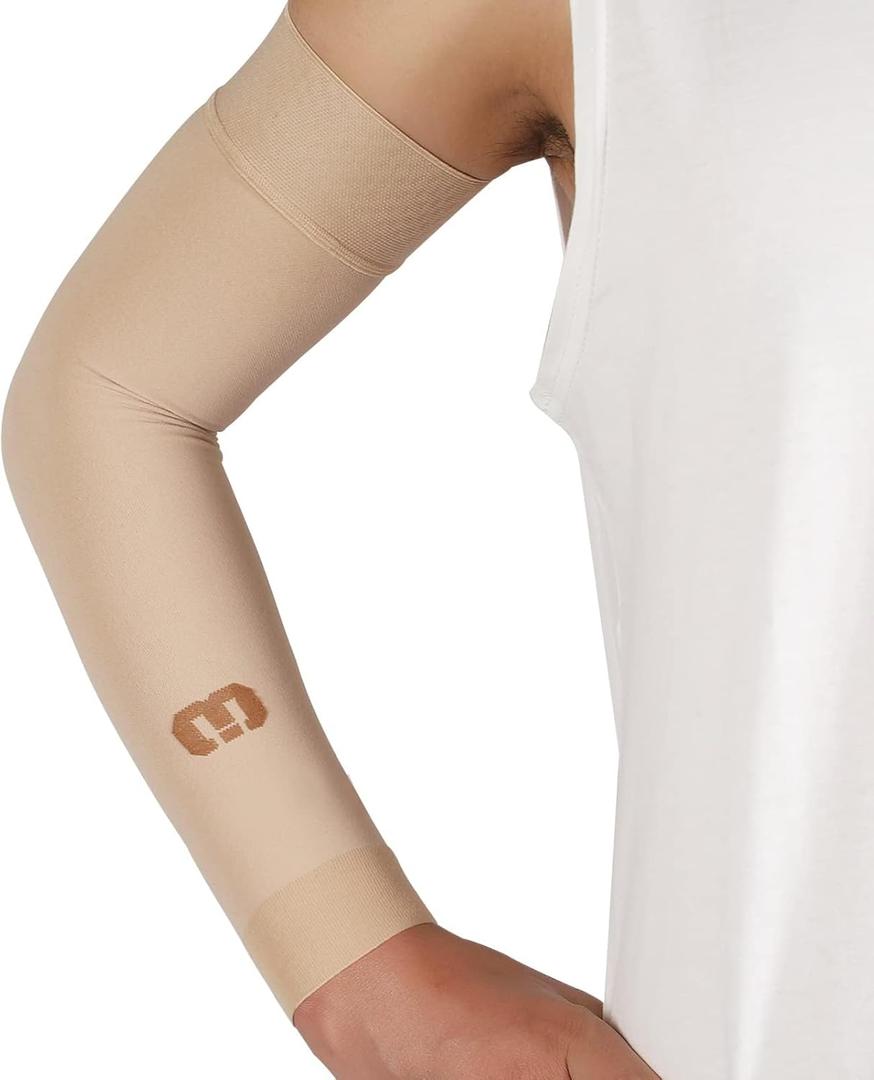 MGANG Lymphedema Compression Arm Sleeve for Women Men, Opaque, 15-20 mmHg Compression Full Arm Support with Silicone Band, Relieve Swelling, Edema, Post Surgery Recovery, Single Beige M
