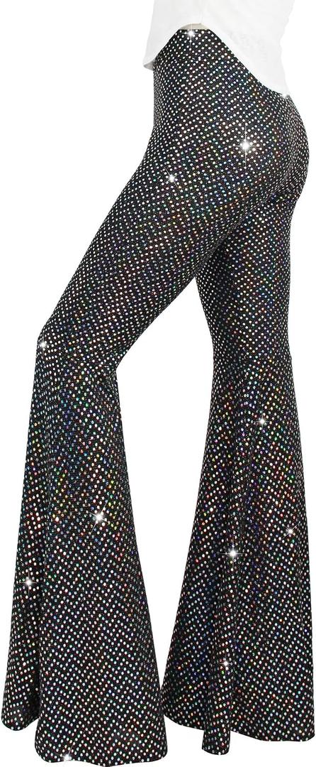 Womens Sequin Flare Pant Sparkly High Waisted Leg Bell Bottom Glitter Trousers Night Out Clubwear-X-Large
