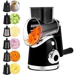 SUSTEAS Rotary Cheese Grater with Handle, Vegetable Slicer with 6 Interchangeable Blades, Reinforced Suction, Easy to Clean, Kitchen Shredder for Crushed Ice, Fruits and Nuts with Blade Storage Case, Black