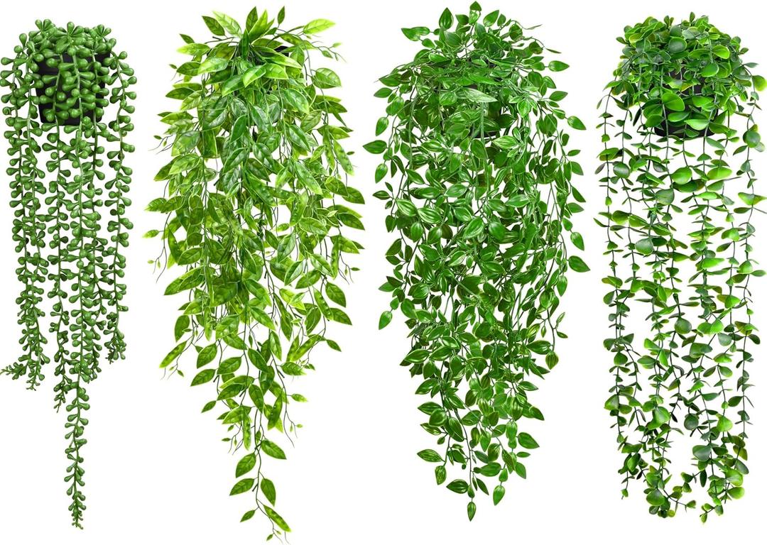 Palonu 4 Pack Faux Artificial Hanging Plants, Fake Potted Greenery with Eucalyptus Vine, Mandala, Pea Pod Leaves & String of Pearls in Pots for Office, Living Room, Bathroom, Indoor & Outdoor Dcor