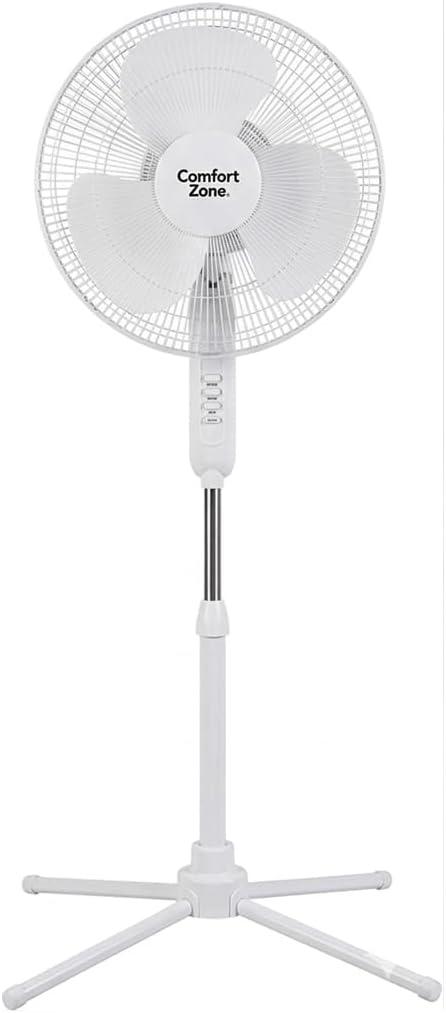 Comfort Zone Stand Fan, 16 inch Pedestal Fan for Bedroom, 3 Speed Floor Fan, 90 Degree Oscillation, Adjustable Height, Adjustable Tilt, Oscillating Air Circulator, Quiet Fan for Home or Office, White