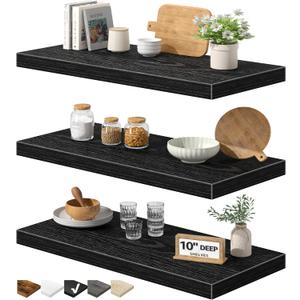 QEEIG 12" Deep Floating Shelves for Wall  12 x 16 inch Book Shelf Bathroom Bedroom Kitchen Living Room Hanging Bookshelf Farmhouse Set of 3, Black (02640B3)