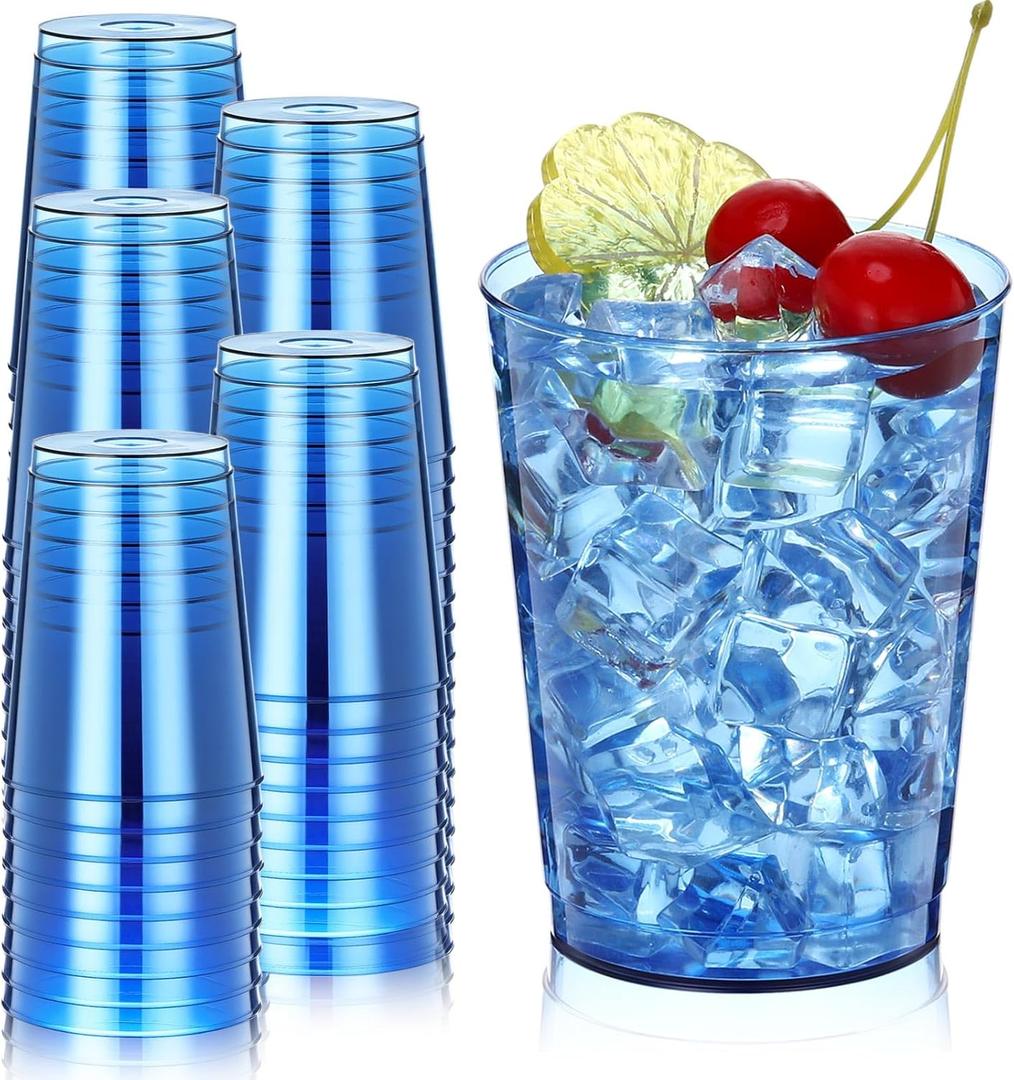 Minatee 100 Count Plastic Cups Disposable Fancy Cups Heavy Duty Wine Cocktail Glasses for Mother's Day, Wedding, Graduation, and Birthday Party Plastic Drinking Tumblers(Blue,10 oz)