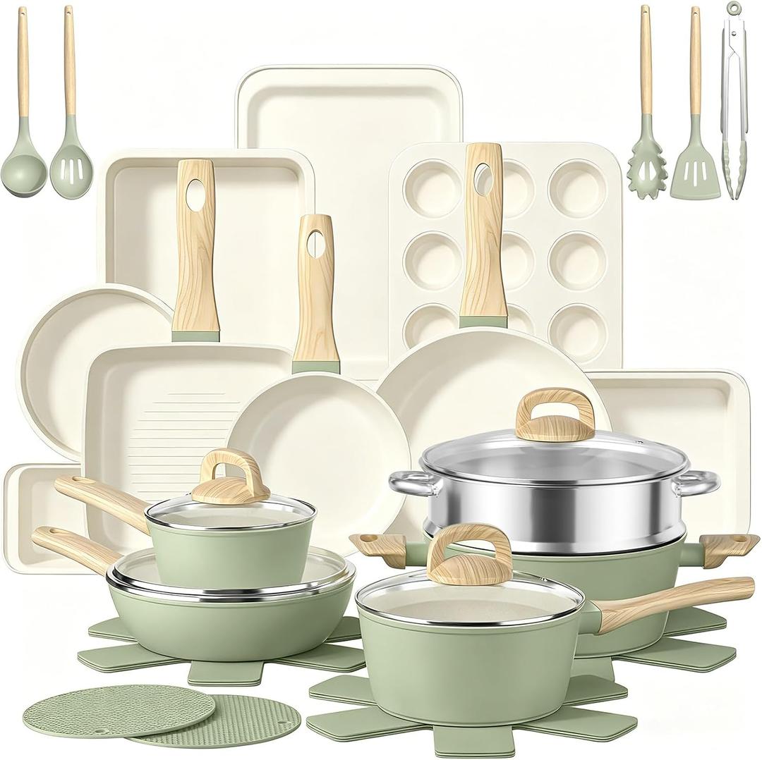 Pots and Pans Set Nonstick, Umite Chef 31-Piece Induction Cookware & Bakeware Set with Frying Pans, Saucepan, Grill Pan, Baking Sheet & Utensils, PFOA-Free Kitchen Starter Set (Sage Green), Extra Large