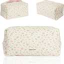 Large Floral Quilted Makeup Bag,Cute Cosmetic Bag for Women and Girls,Travel Coqutee Aesthetic Organized Bag