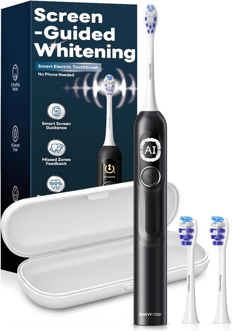 SAKYPRORAL AI Sonic Electric Toothbrush for Adults with Brushing Score & Smart Timer Display, 6-Zone Tracking, Rechargeable Whitening Brush with Soft Heads (Midnight Black)