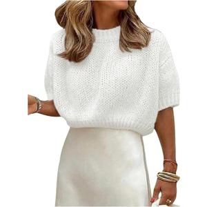 GORGLITTER Women's Puff Sleeve Crewneck Knit Shirt Top Short Sleeve Solid Loose Sweater (X-Large)
