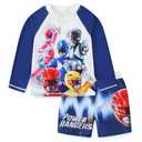 Power Rangers Boys UPF 50+ Rash Guard and Swim Trunks for Big Kids (Blue/White). Size 7/8