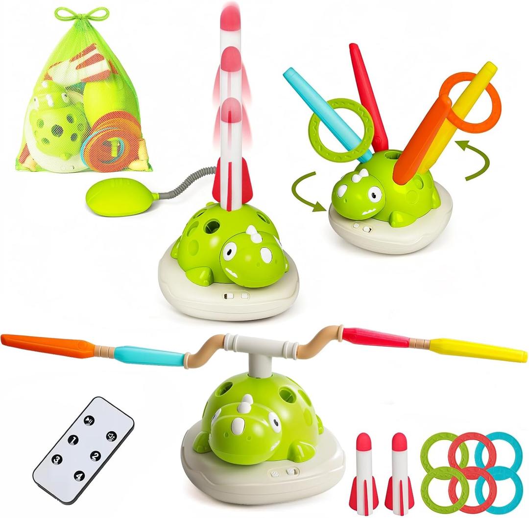3 in 1 Musical Jump, Toss Ring Game and Stomping Launch Rocket with Storage Bag, Remote Control Outdoor Toys for Kids 3-6 Exercise Jump Gross Motor for Toddlers Indoor/Yard Game Gift for Boys Girl 4-8