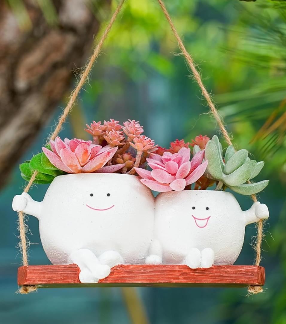 Cute Swing Planter Hanging,Smiley Face Couple Planter Pot,Hanging Plant Face Pot for Indoor Outdoor Plants, (White)