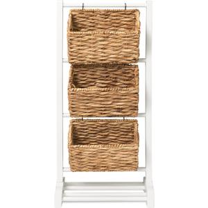 HOMESTEAD 3-Tier Wooden Shelf with Water Hyacinth Woven Baskets  Rattan Shelf Basket, Boho Room Decor, Wooden Book Shelf, Bathroom Storage Shelves, Kitchen, Laundry, Living Room (White)