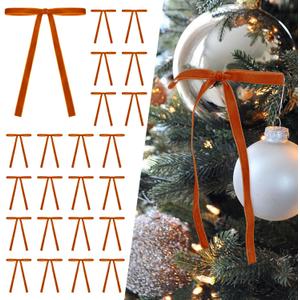 SIMISI RIBBON 24Pcs Orange Christmas Velvet Ribbon Bows Decorations Xmas Ornaments Vintage Decor for Tree, Wreath, Garland (3/8'' Width, 5 * 7 inch)