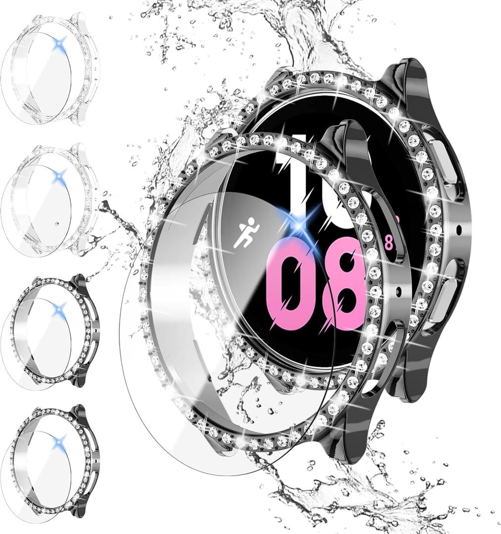 4+4 Pack Bling Diamond Case & Screen Protector for Galaxy Watch 5/4 44mm - Tempered Glass Film & Hard PC Bumper for Women