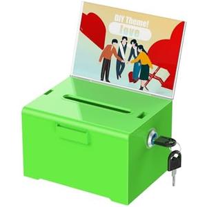 Uniclife Acrylic Donation Box with Lock and Sign Holder Green Ballot Box with Slot Plastic Suggestion Boxes Tip Jar Cash Storage Container Drop Chest for Fundraising Voting Raffle, 6.2" x 5" x 4"