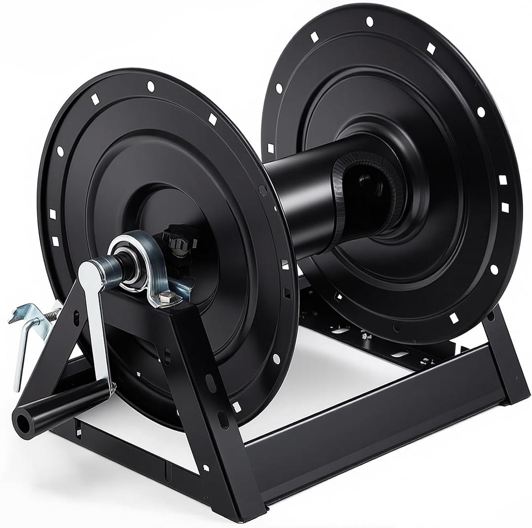Lounsweer Black Pressure Washer Hose Reel 3/8" x 300' Steel Manual Crank with Flat Sidewalls, A-frame, Pin Lock and Brake and Stainless Steel Swivel Inlet, 5000 Psi Capacity
