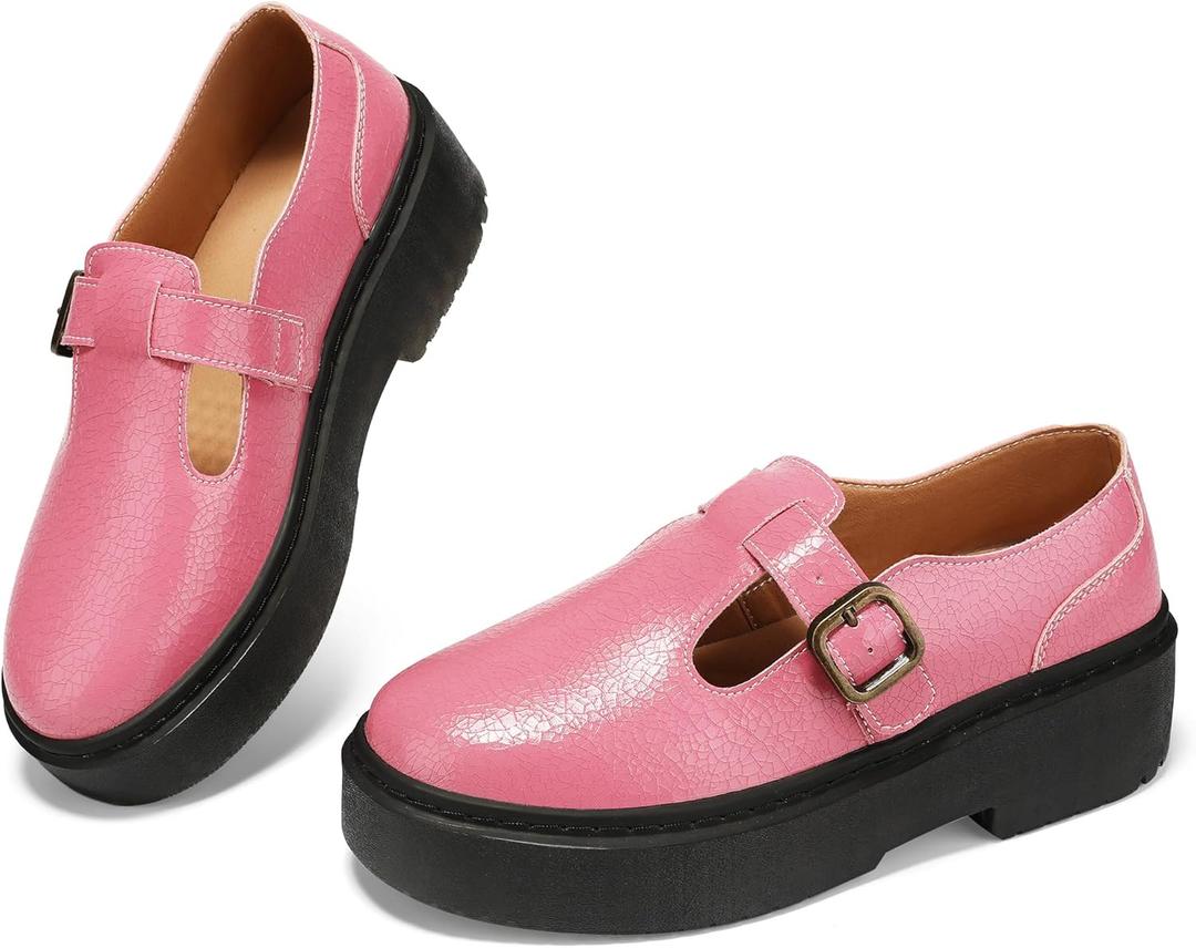 Women's Mary Jane Flats - Comfortable Vintage Style Shoes with Chunky Heel & Adjustable Strap-Fashion Casual Flats for Women (11, Pink)