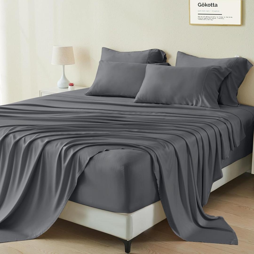 GOKOTTA King Sheet Set, 100% Rayon Derived from Bamboo Sheets King Size 6 Pieces Set, Soft & Breathable Sheets, 16" Deep Pocket King Sheets with Elastic Corner Straps, Moisture Wicking,Cooling (05 Dark Grey)