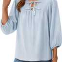 Womens Tops 3/4 Puff Sleeve Bow Tie Front Spring Easter Shirts Dressy Casual Elegant Flowy Loose Babydoll Blouses (Blue, L)