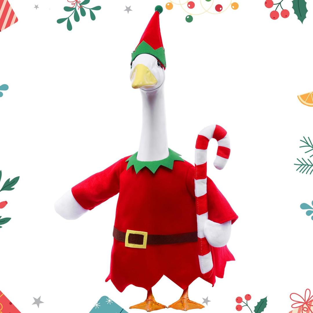 Christmas Goose Outfits,2 Pcs/Set Toy Soldier Style Goose Clothes with Pointed Hat and Candy Cane Fits 23" Lawn Goose Statue,Red Christmas Outdoor Goose Costume,Yard Patio Garden Xmas Decor