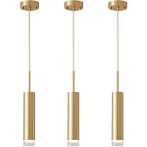 KCO Lighting Long Tube Pendant Lights Kitchen Island Small Gold Pendant Light Mini Cylinder Pendent Lights Industrial Mid Century Modern Hanging Light Bushed Brass Living Room Light 3 Pack