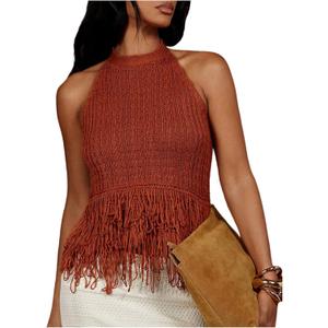 SweatyRocks Women's Boho Fringe Halter Tops Sleeveless Open Back Summer Knit Crochet Tank Top (Brown, M)