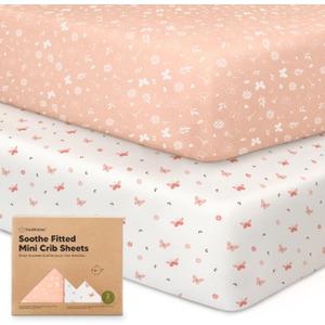 2-Pack Mini Crib Sheets Fitted - 38x26 Pack N Play Sheets for Pack and Play Mattress, Organic Cotton, Soft & Breathable Playard Bedding, Neutral Mini Toddler Bed Cover for Boys, Girls (Butterflies)