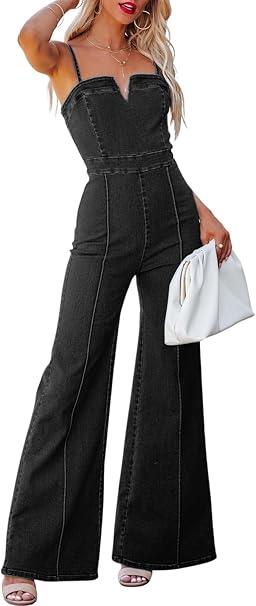 Women's Casual Denim Jumpsuit Sleeveless Adjustable Strap Stretchy Flare Jeans Long Pants Rompers Size XS