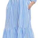 EZAPINE Womens Babydoll Striped Shirt Midi Dress Puff Long Sleeve Collared Button Tunic Flowy Swing Dresses L