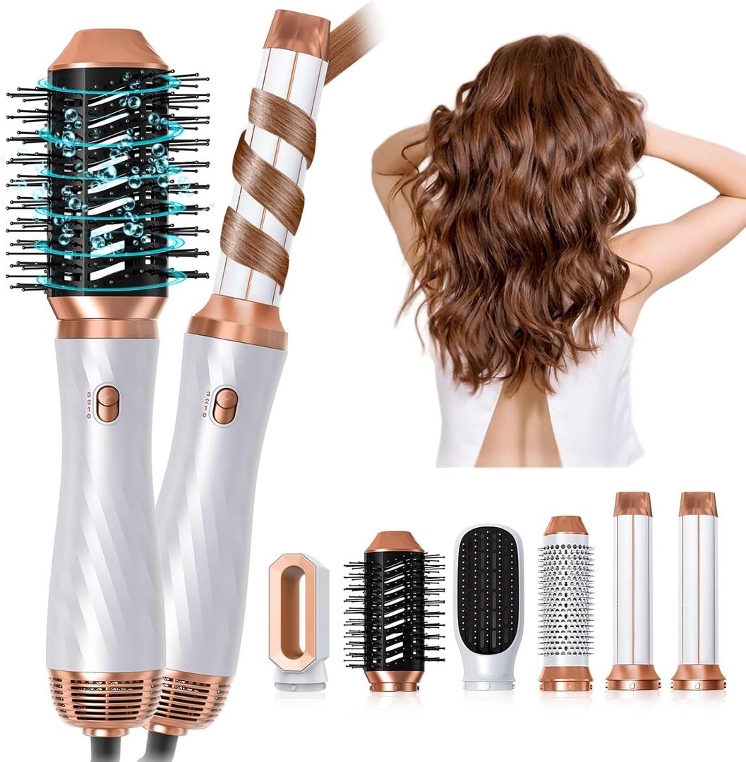6 in 1 Hair Dryer Brush, Upgrade Detachable Blow Dryer Brush Air Styler Wrap Air Curler, Curly Twist Hot Curling Iron, Negative Ion Blow Dryer Hot Styler, Travel Hair Styling Tool (Gold)