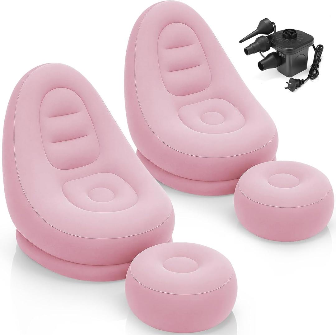 2 Sets Inflatable Bean Bag Chairs Set with Ottoman Electric Pump Folding Blow up Lazy Sofa Loungers Chair with Footstool Couch for Movie Night Film Marathon Gaming Camping (Pink), 46 x 36 x 38 inch
