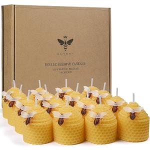 DEYBBY Natural Beeswax Candles Bulk Set of 16, Small Bee Votive Candles with Little Bee Decorations as Gift (Yellow)
