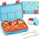 Bento Lunch Box for Kids, 4 Compartments Kids Leak Proof Back to School Bento Lunch Boxes Food Containers for School, Travel, On-the-Go Meal, Food Grade, Microwave, Dishwasher Safe (Light Blue Patterned)