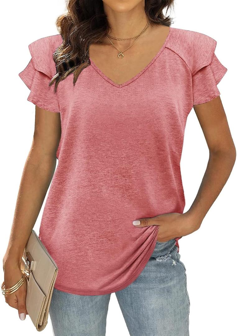 2 x T&Twenties Womens Summer Tops Ruffle Short Sleeve Tunic Tops V Neck Loose Fit Flowy T-Shirts (M)