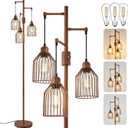 Dimmable Floor Lamp for Living Room, Farmhouse Floor Lamps with Elegant Hanging Cage, 3 x LED Edison Bulbs Included, 68.5" Industrial Standing Light for Bedroom Office Home Decor (Wood)