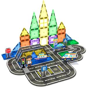 104 PCS Magnetic Tiles Road Set, STEM Construction Toys for Kids Ages 3-5 5-7 4-8, Magnet Building Blocks for Toddler Toys Games, Christmas Birthday Gifts for 3+ Year Old Boys Girls