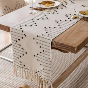 Joyfol Day Boho Table Runner, Farmhouse Stripe Cotton Table Runners with Tassels for Home Dining Table Decor, Rustic Natural Woven Dresser Scarf (Beige&Black,13 x 36 Inch)