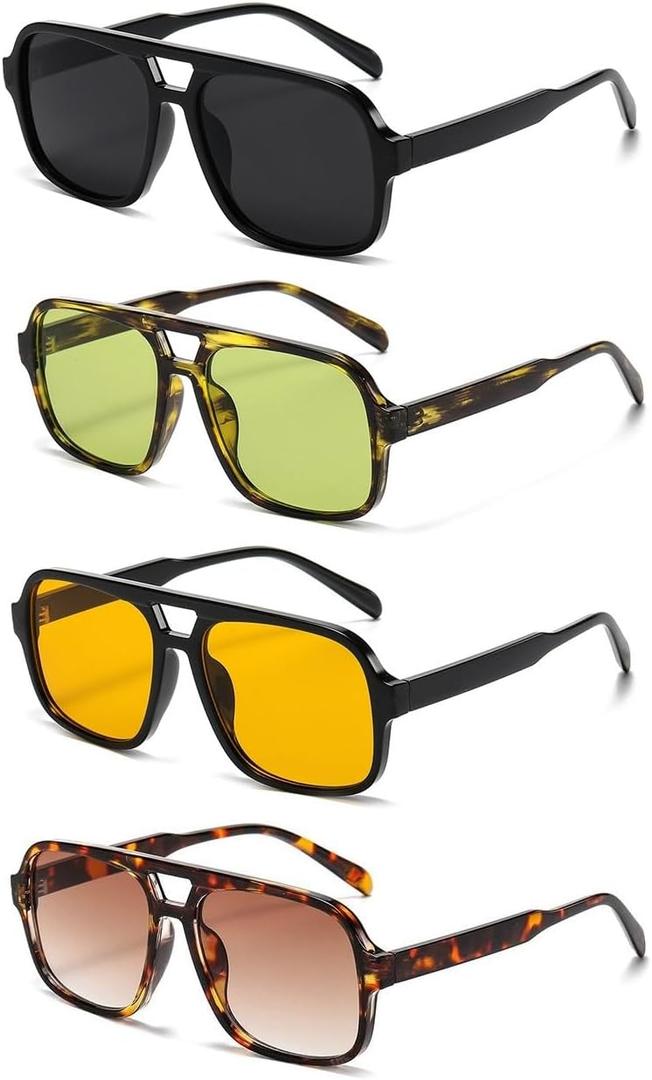 IKANOO 4 Pieces Retro 70s Square Aviator Sunglasses for Women Men Oversized Vintage Sun Glasses Trendy Aviator Shades (Black+leopard Green+orange+tortoise Brown)