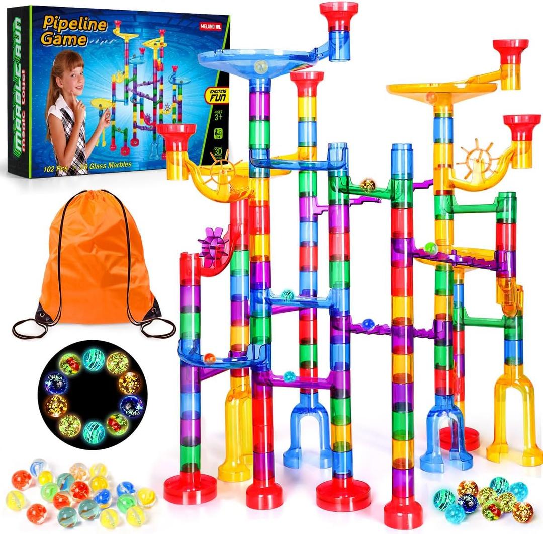 Meland Marble Run - 132Pcs Marble Maze Game Building Toy for Kid, Marble Track Race Set & STEM Learning Toys for Boy Girl Age 3 4 5 6 7 8 9+ (102 Translucent Marbulous Pcs & 30 Glass Marbles)