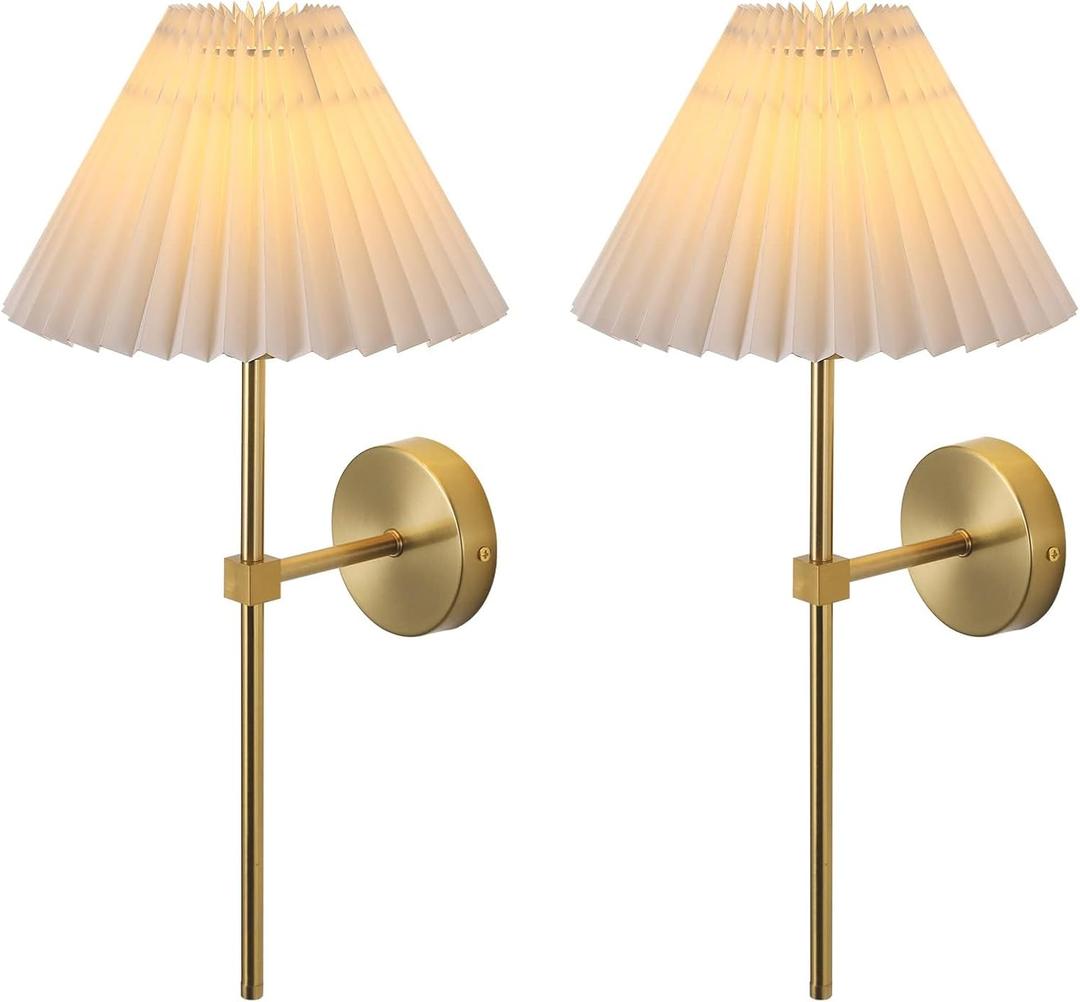Wall Sconces Sets of 2 White Fabric lampshade Gold Wall Lamp Column Bracket Wall Lighting Bathroom Dresser Hardwired lamp Applicable to Living Room Bedroom Dining Room (19.29 Inches)