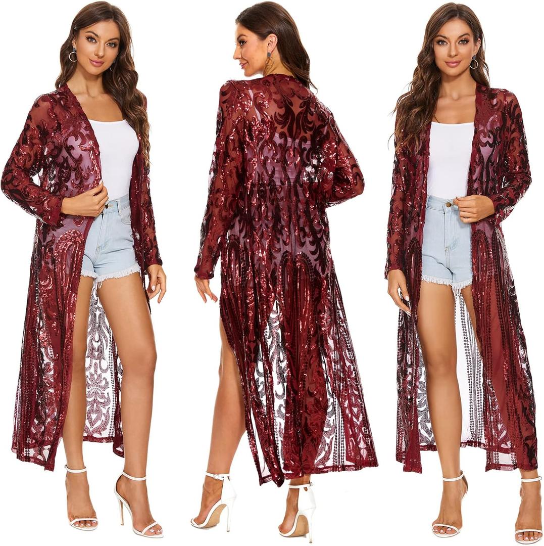 Women's Sequin Cardigan Summer Cover Up Dress Glitter Sparkle Open Front Coat Dresses Duster for Evening Prom (XX-Large, Wine Red)