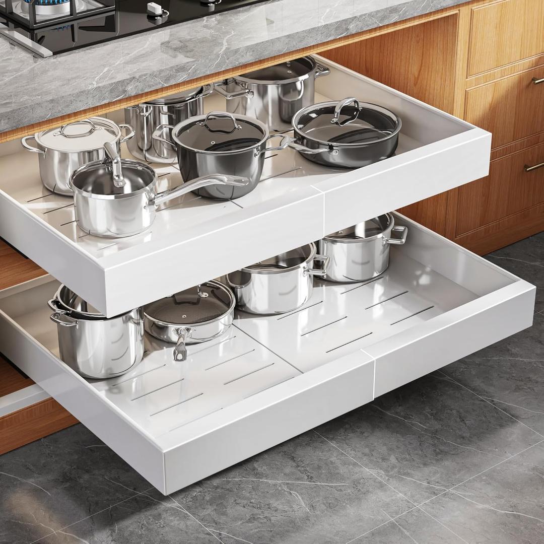 2 Pack Expandable Pull Out Cabinet Organizer 21"Deep With Raising Pad for Framed Cabinets, Upgrade 3 Slide Rails Slide Out Drawers, Roll Out Shelves Adhesive, Adjustable Width 15.15"-26.3" White (21"D x 15.15"-26.3" W(2 Pack), White)