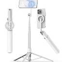 TONEOF 68" Magnetic Selfie Stick Tripod with Aluminum Strong Magnetic Holder for Magsafe, 360 Rotatable Travel Phone Tripod Stand with Metal Ring & Rechargeable Remote for iPhone/AndroidWhite