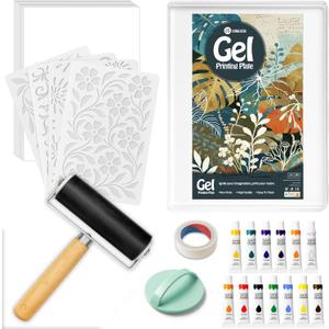 DINGSEN Gel Printing Plate Kit, Complete Printmaking Set with 5 X7 Gel Plate, Brayer, Watercolor Paints, A5 Printmaking Paper, and Essential Tools for Mixed Media Art, Monoprinting, Card Making